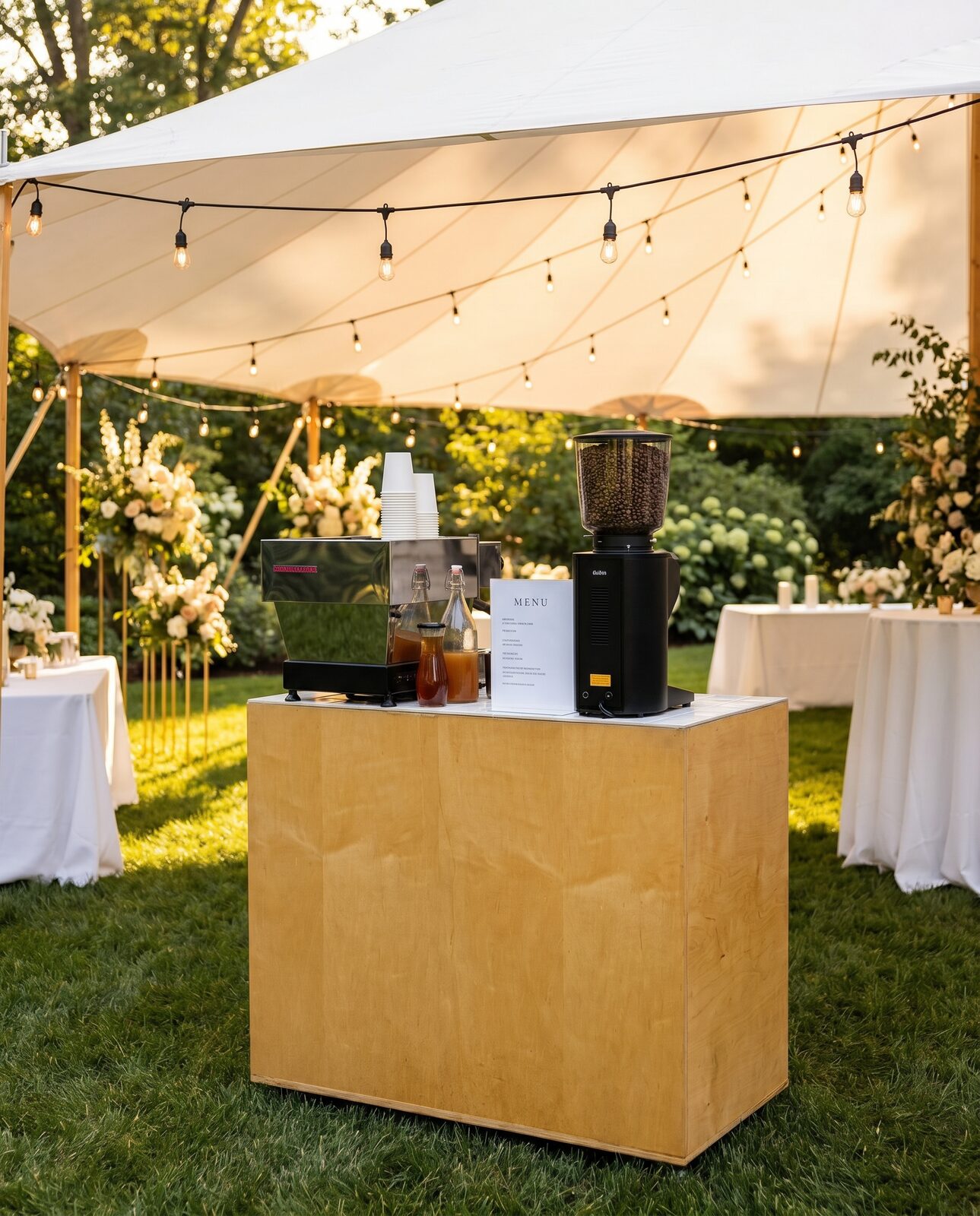 JoyBlast espresso cart set up at a string-lit wedding reception tent in Greenville, SC