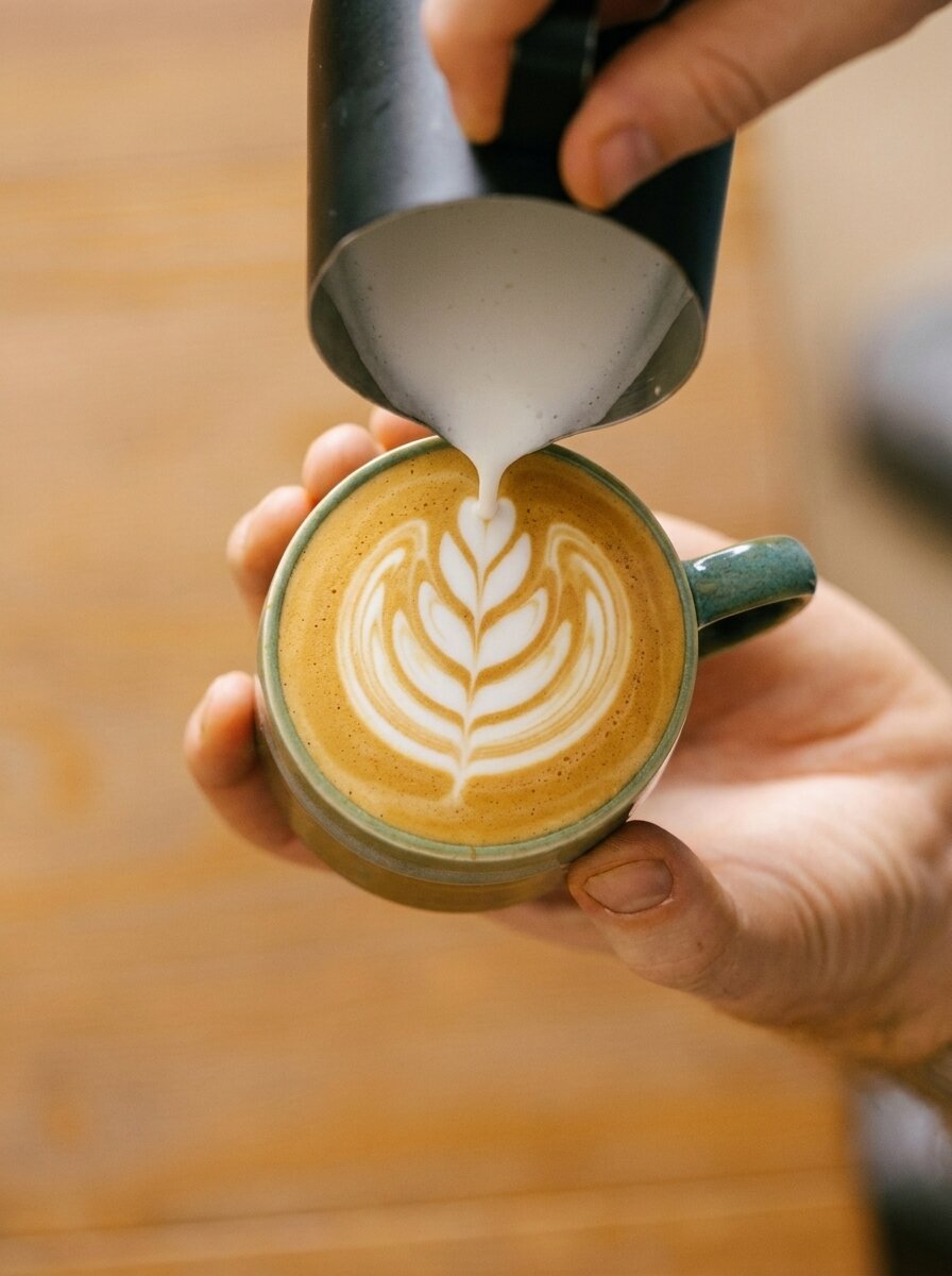 Latte with hand-poured latte art
