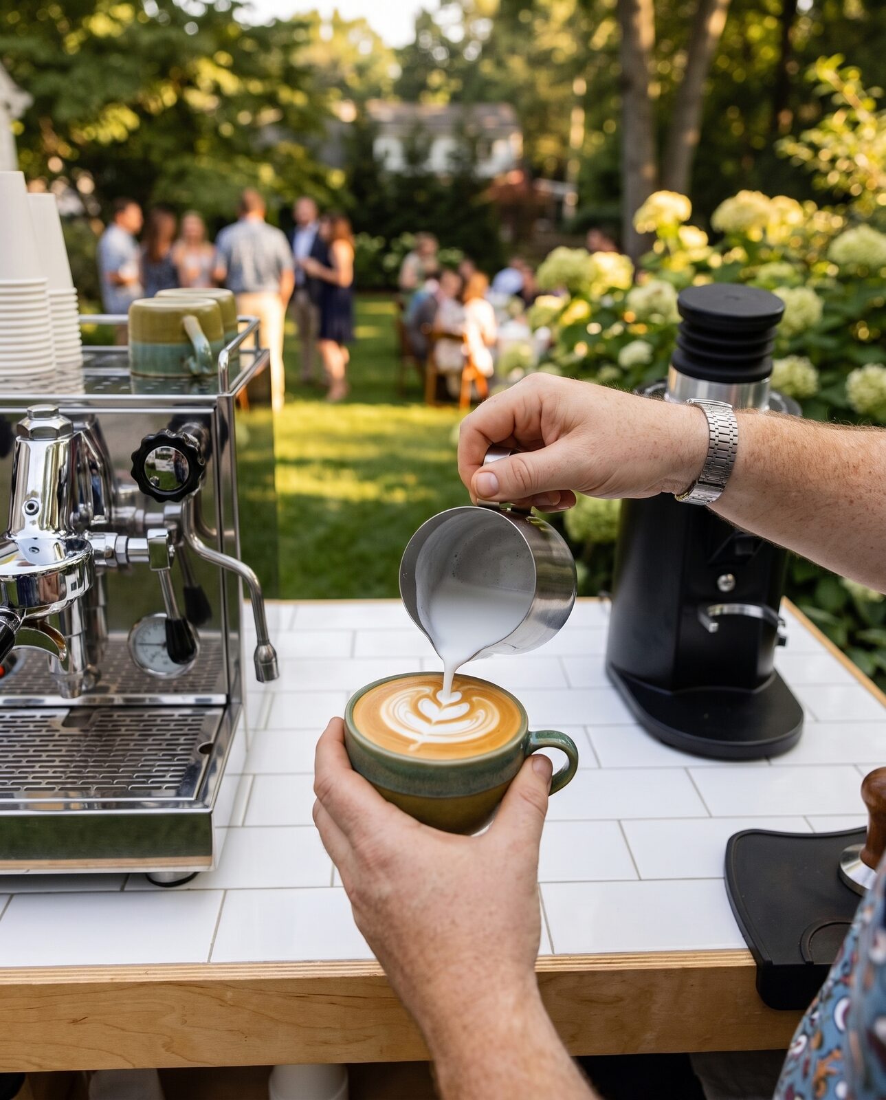 JoyBlast barista pouring a latte from behind the espresso cart at a backyard event in Greenville, SC