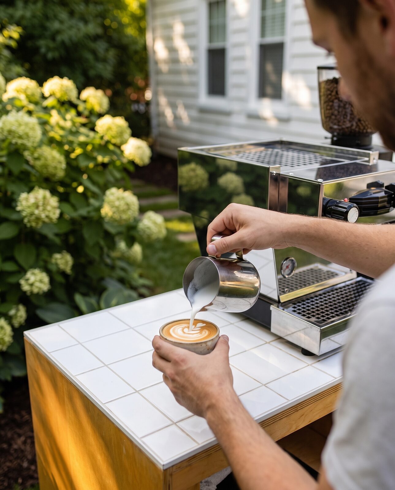 Over-the-shoulder view of a JoyBlast barista pouring latte art at the cart in Greenville, SC