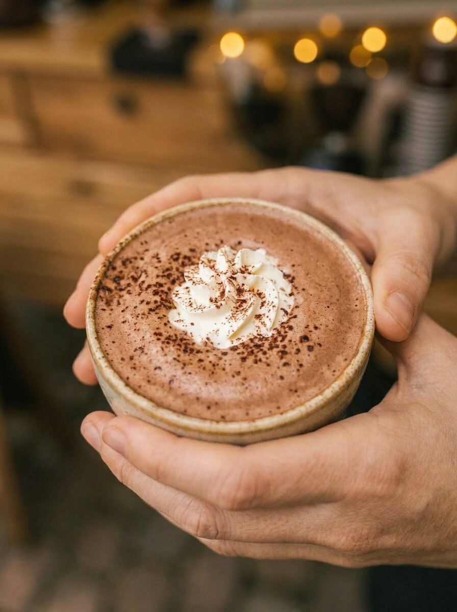 Hot chocolate with whipped cream and cocoa dust served at the JoyBlast cart in Greenville, SC